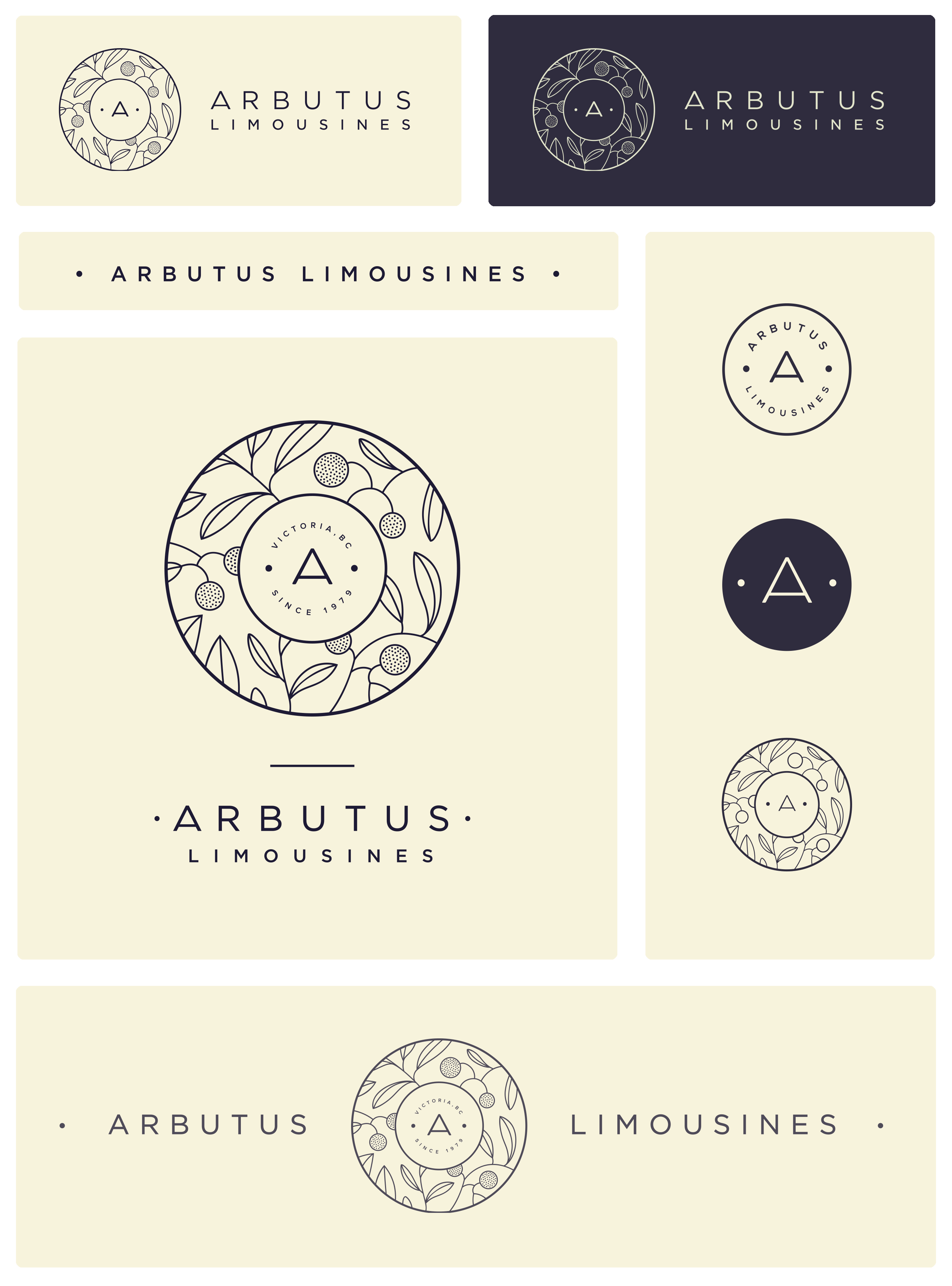 Arbutus Limousines horizontal, stacked, compact, and insignia logo variants