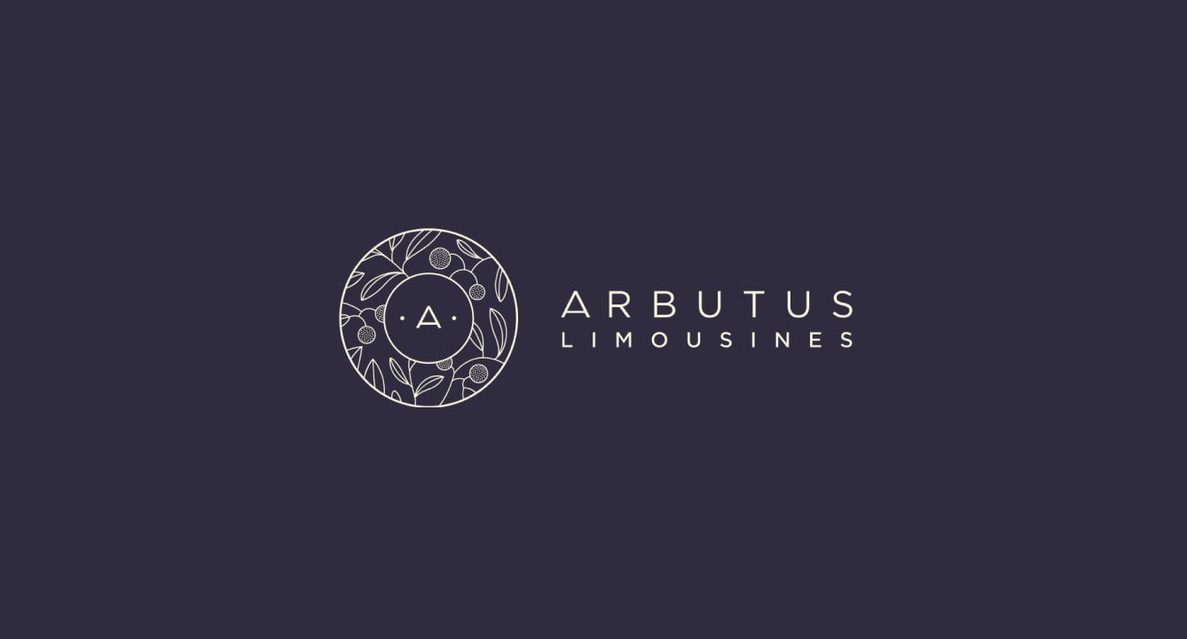 Arbutus Limousines botanical insignia and wordmark on royal plum