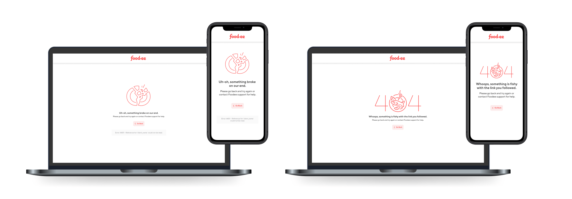 Foodee error page illustrations shown on desktop and mobile devices