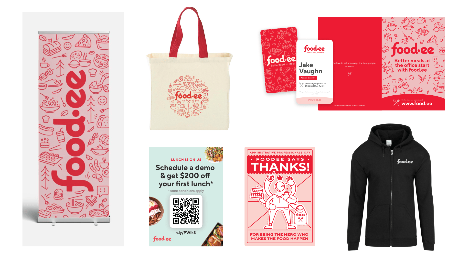 Foodee banner, tote bag, cards, event graphics, print materials, and branded hoodie