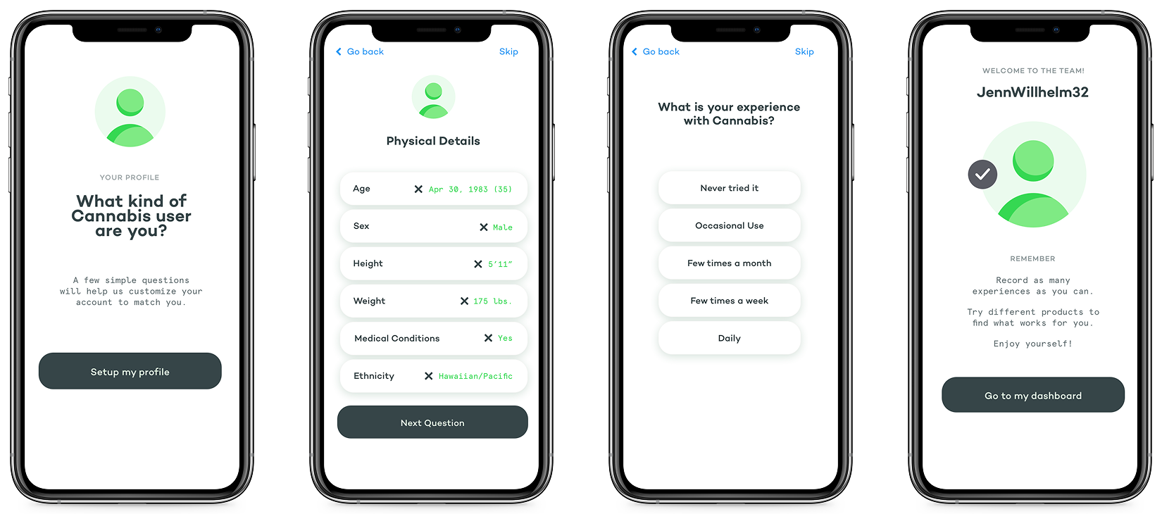 Four Cannametrics account setup screens