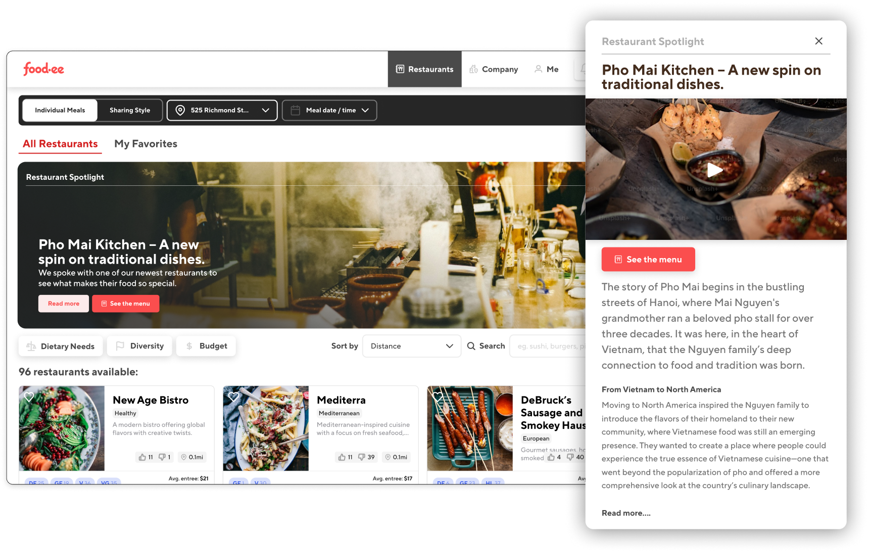 Foodee restaurant browser with a restaurant spotlight story